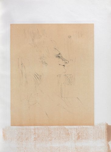 This sketch by Henri de Toulouse-Lautrec, part of the "Yvette Guilbert-English Series: Soularde," captures the expressive profile of the renowned cabaret singer Yvette Guilbert. Toulouse-Lautrec's minimalistic use of lines effectively conveys the dynamic character and vivacity for which both artist and subject were known in the vibrant Montmartre nightlife.