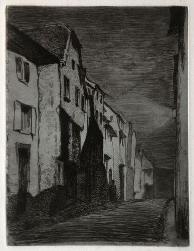James McNeill Whistler's "Street at Saverne" portrays a quiet, dimly lit street scene with tightly packed, angular buildings receding into the background. The subtle use of light and shadow exemplifies Whistler's focus on mood and atmosphere, characteristic of his adept etching technique.