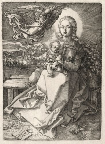 The boundary between heaven and earth is obscured in this engraving as an angel descends to crown the Virgin with a simple diadem. Although she is plainly dressed and sits on a simple wooden bench, Dürer portrays Mary as the Queen of Heaven. Her direct gaze communicates her role as an intermediary with God for the sake of humankind.

Like his Virgin with the Swaddled Child of the same year, Dürer employed a halo emitting dense striations of light to emphasize the Virgin’s holiness. He considered the two part of a set of three engravings and gave several away during his journey to the Netherlands from 1520 to 1521.