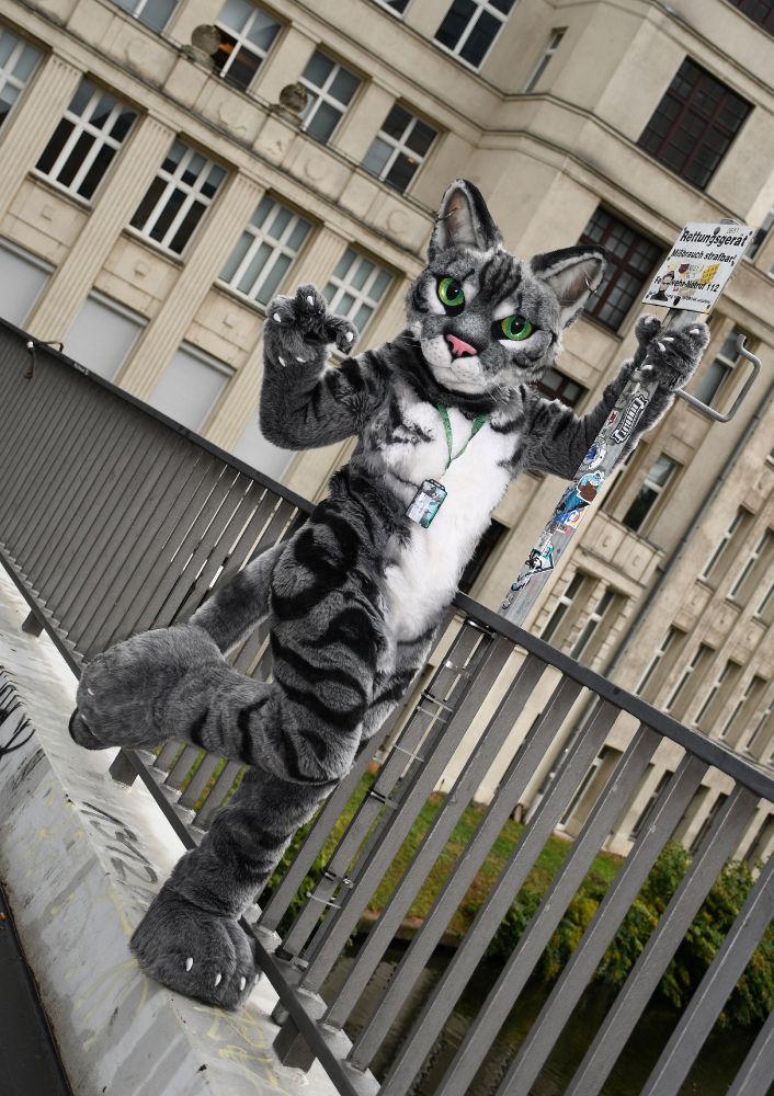 A tabby cat fursuit gripping a pole on a bridge. The picture is tilted at an angle.