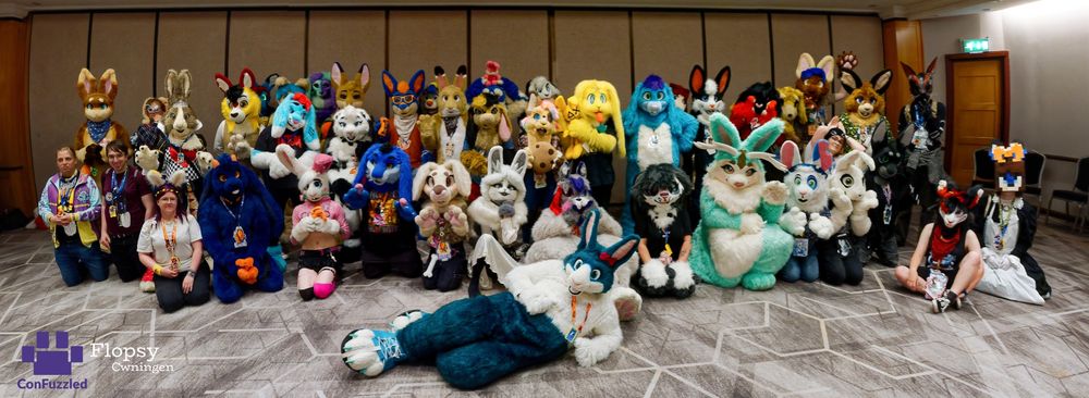 A large group of rabbit fursuiters gathering together for a group photo.