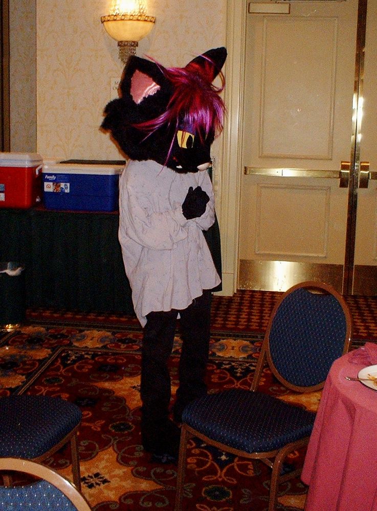 A black feline fursuit with dark pink hair and wearing a lavender shirt.