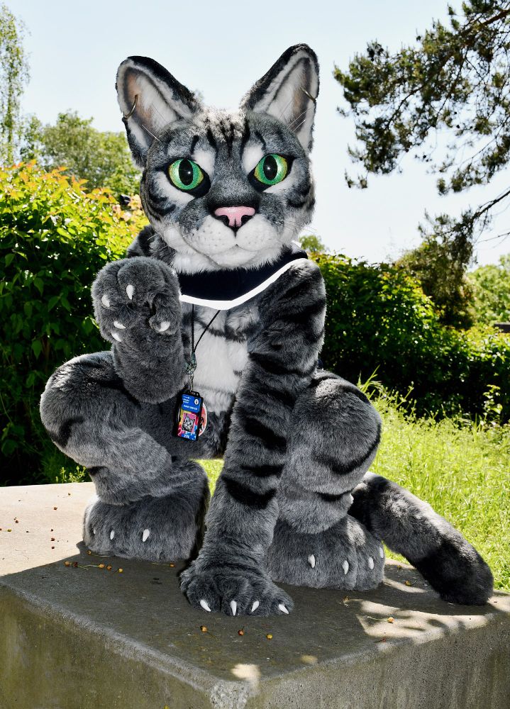 A tabby cat fursuit posing in a ‘lucky cat’ pose upon a concrete block. There are trees and bushes in the background.