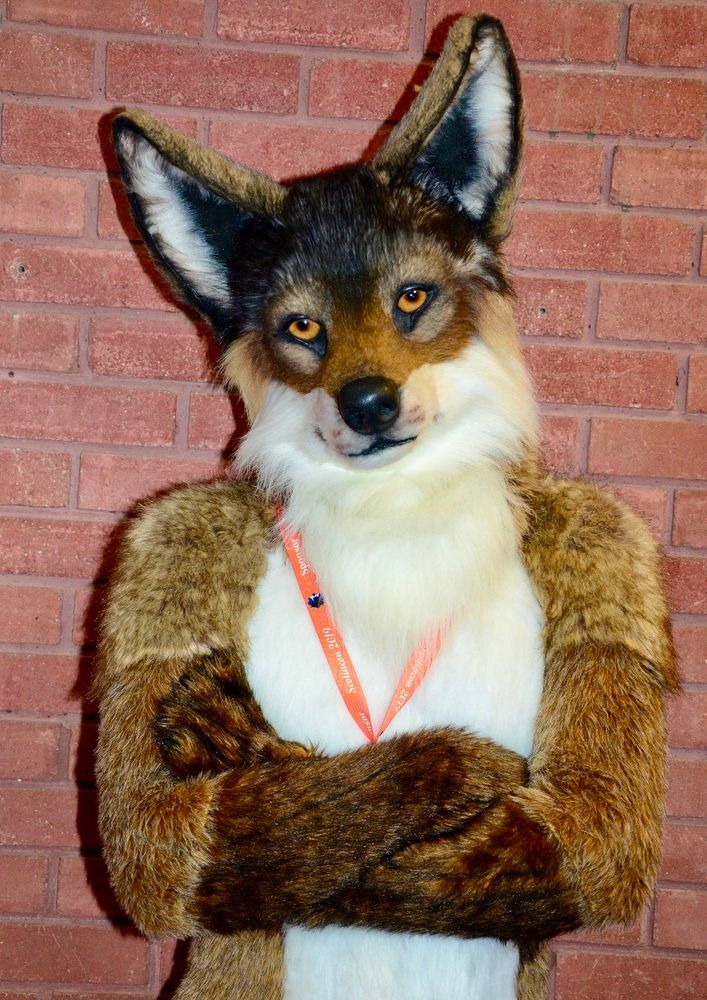 A sandy coloured canine fursuit posing in front of a brick wall.