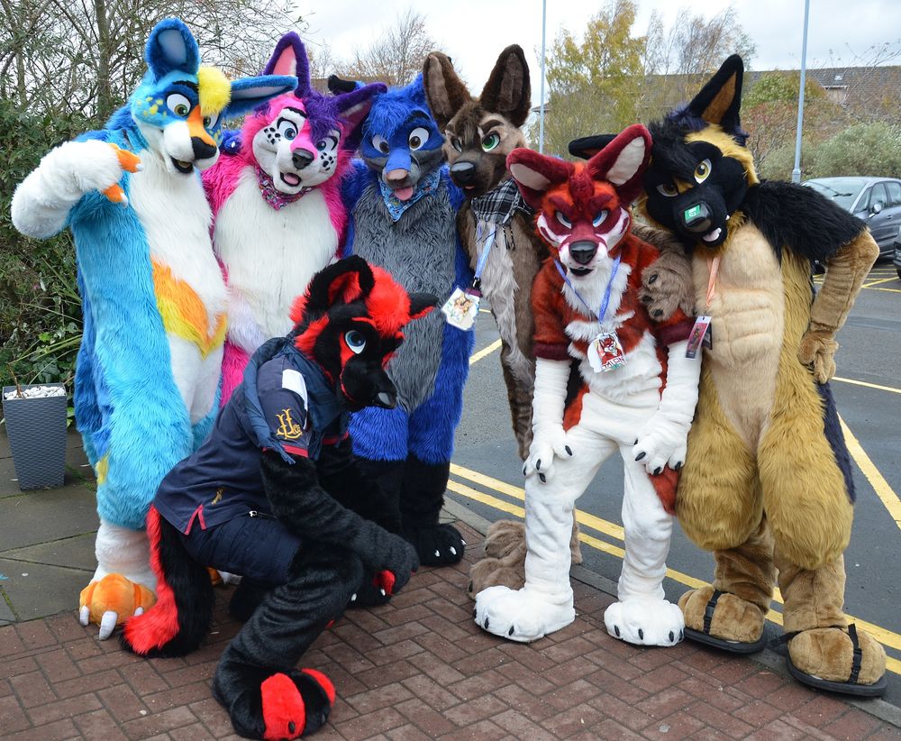 A group of fursuiters gathering for a photo in a hotel car park.