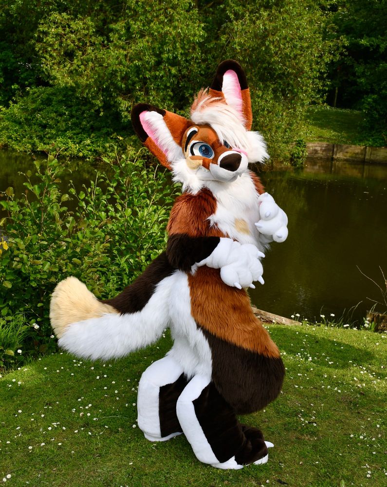 A brown, white, and black fursuit with a large fluffy tail posing by a lakeside. There is green foliage all around. 