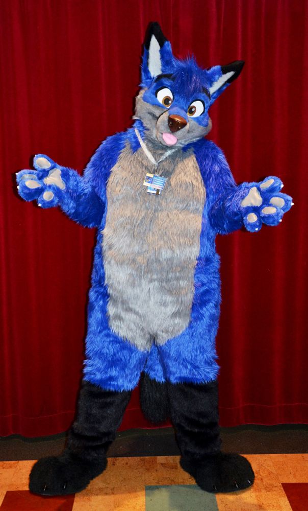 A blue wolf fursuit posing in front of a red curtain