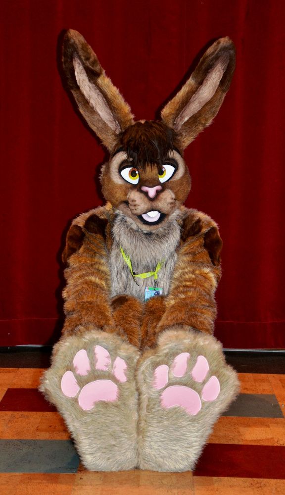 A brown rabbit fursuit sitting in front of a red curtain and showing his pawpads.