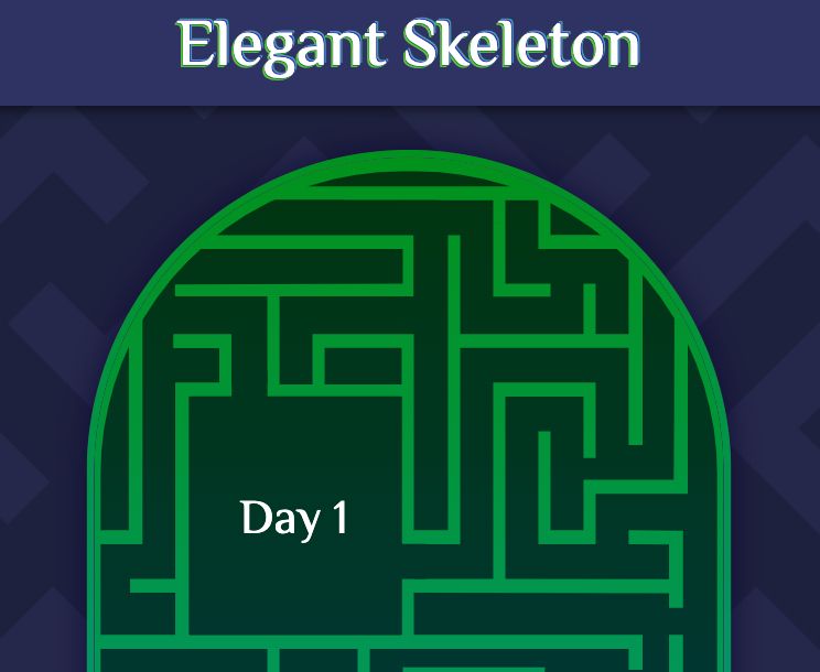 Screenshot of the Elegant Skeleton website featuring the title and the button to enter the day 1 challenges