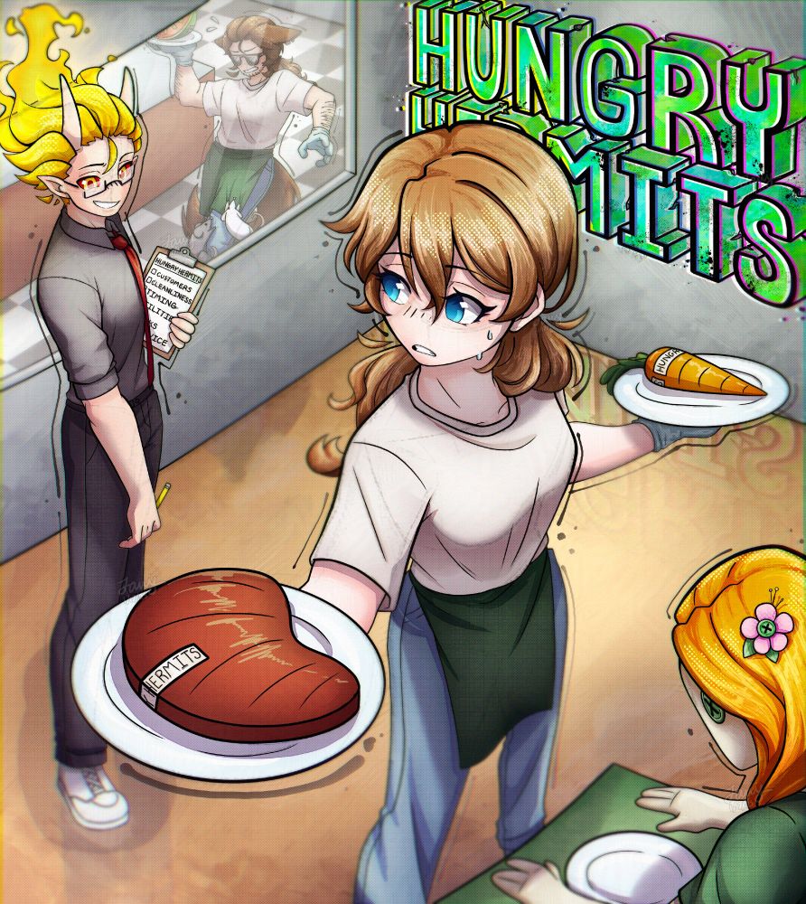 Tango the inspector supervising a Hungry Hermits game with Pearl serving Cleo a steak or a carrot while Ren gets attacked by rats in the kitchen.