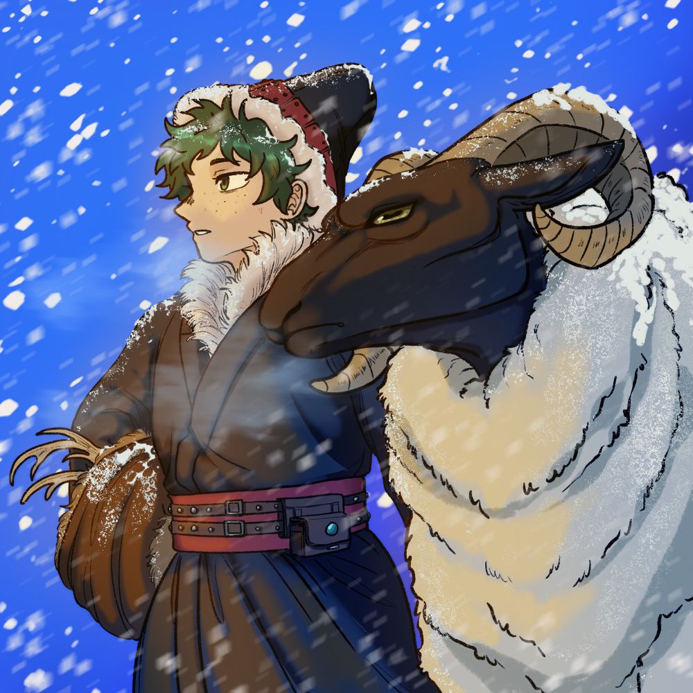 Deku dotted in thick winter outfit from one of the weekly jump magazine cover with thick coated ram beside him. Both are watching something afar while standing in cold snowy day, warm light shining softly on both’s face. 