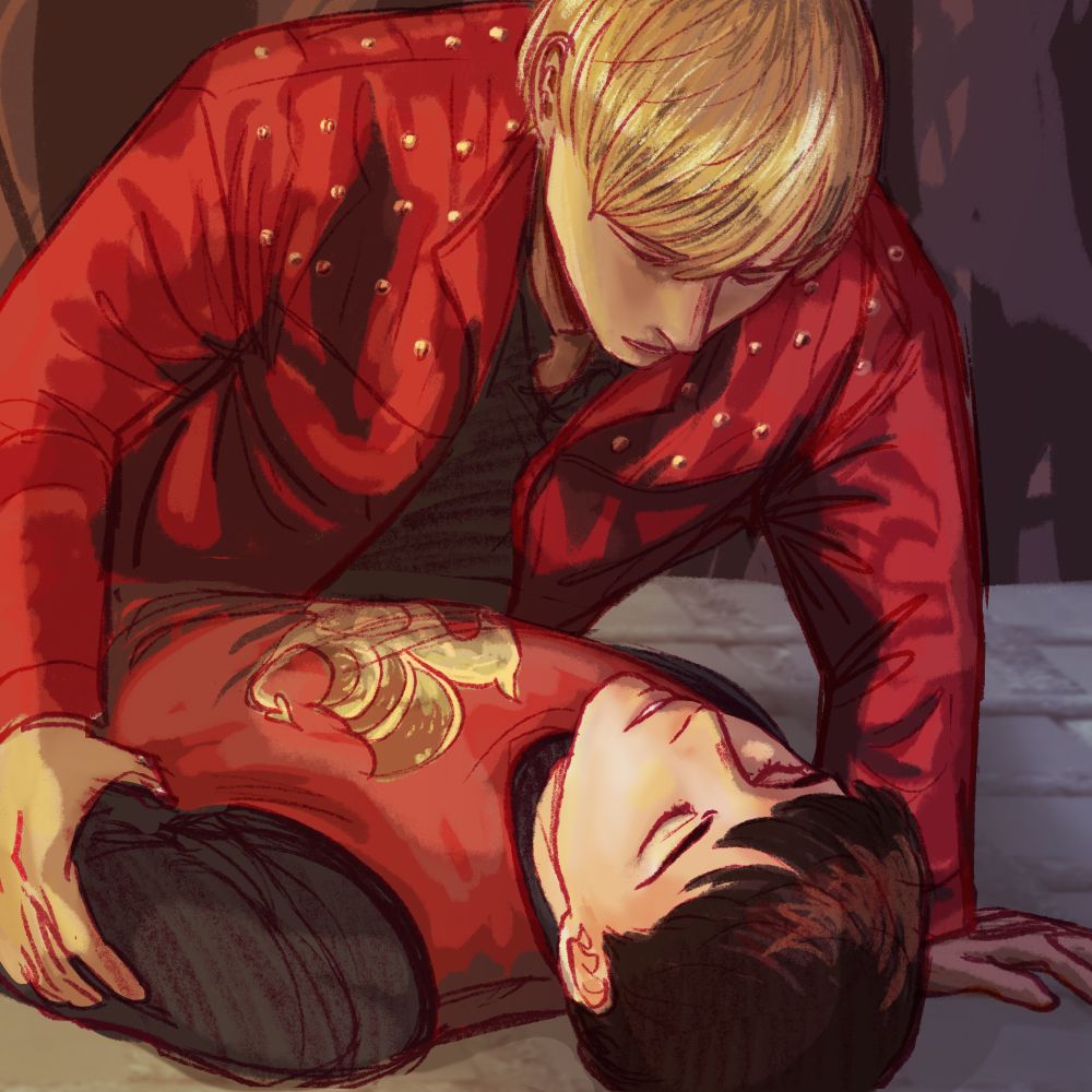 A scene redraw of Merlin’s S1:E4; The Poisoned Chalice. A scene where Merlin drank a chalice to prove it was an indeed poisoned that is meant for Arthur, succumbed to poisoning and down on the ground. Arthur bend down, extremely concerned about his servant who is so willingly give his life to save his prince.