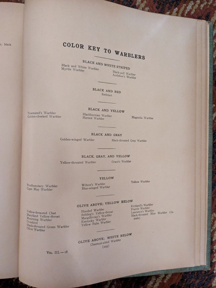 Photo of book page showing names of North American warblers organized by color scheme.  