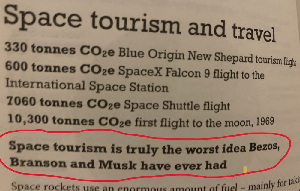 Excerpt from book "How Bad are Bananas?" detailing heavy carbon footprint of space tourism.