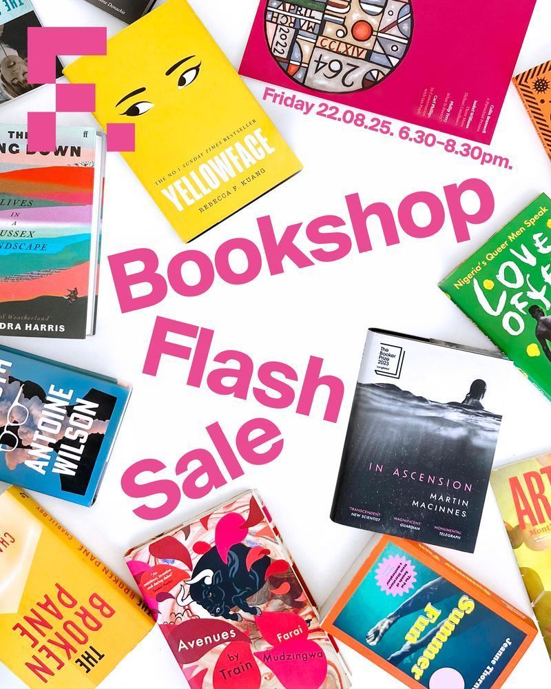 A selection of colourful books and magazines are laid out, beside the words Bookshop Flash Sale in pink lettering.