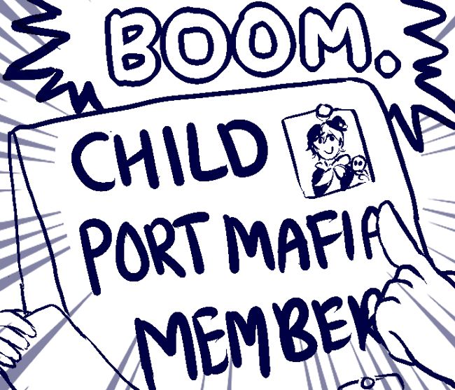 The panel zooms in on the board - a piece of paper is removed, revealing the word "CHILD" above "PORT MAFIA MEMBERS". A small picture of Yumeno is taped next to "CHILD". Fitzgerald points to it, proclaiming "BOOM."