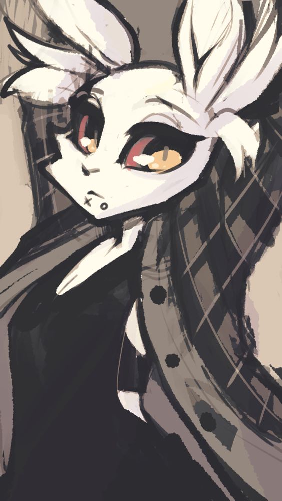 this is a quick sketch of Ziel, a non-binary anthro white rabbit. They are wearing an oversized flannel shirt and a loose black tank top that shows a sports bra underneath. Their arms are relaxed behind their head. The colors are muted, with the most vibrance at their large red and yellow eyes.