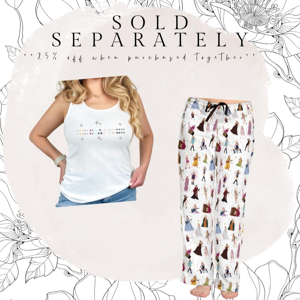 Eras tour inspired pajama set and a note about them being 25% off when purchased together. 