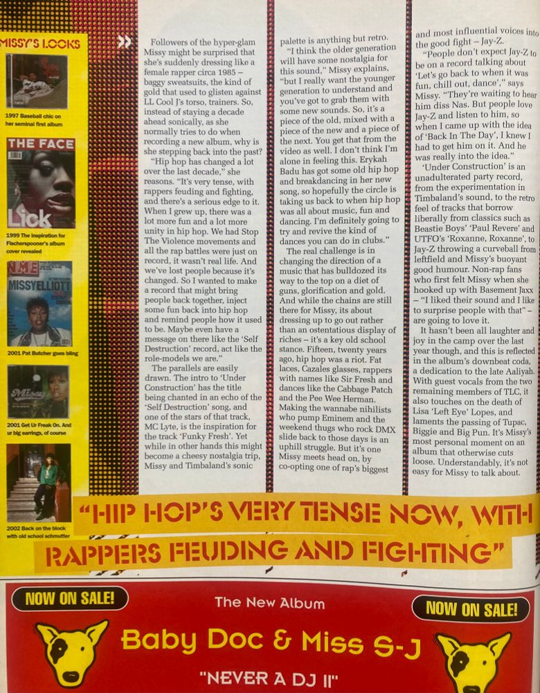 Text from a feature article on Missy Elliott in Muzik magazine, December 2002. On the left is a collection of selected magazine covers and images featuring Missy’s looks.