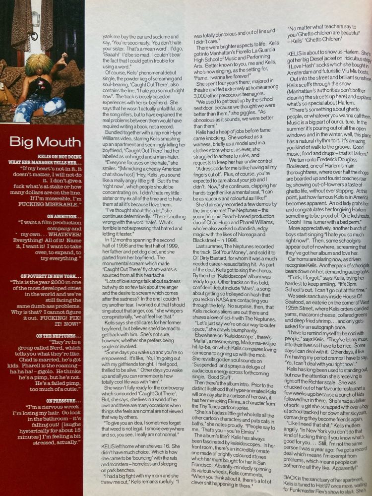 Magazine feature of Kelis, with five highlighted quickfire comments on the left of the page.