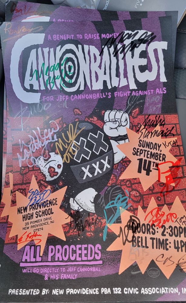 A poster for Cannonball Fest, a wrestling event to support Jeff Cannonball in his fight against ALS. It's signed by many wrestlers participating in the show.