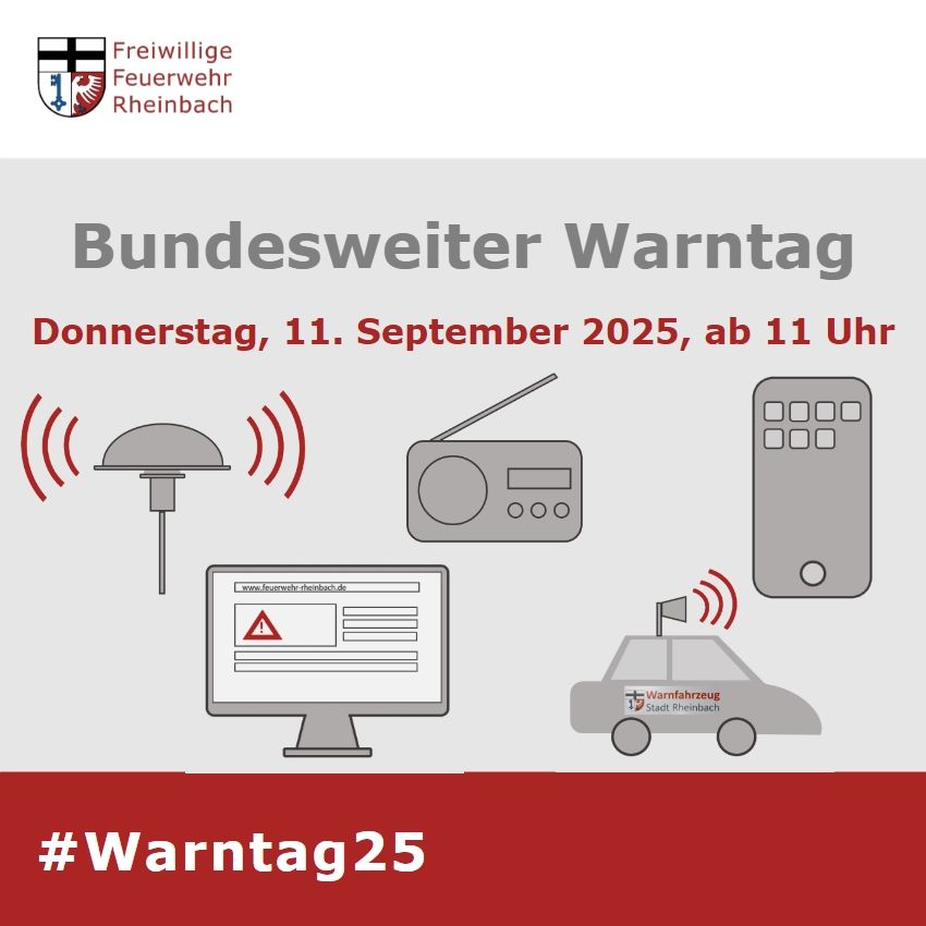 Infotafel "Bundesweiter Warntag" mit Piktogrammen zu verschiedenen Warnmitteln.