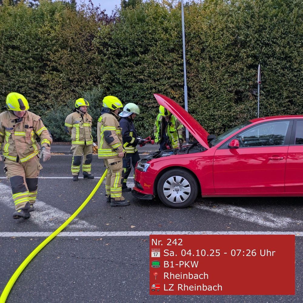 Feuerwehrleute löschen einen Brand im Motorraum eines PKW.
