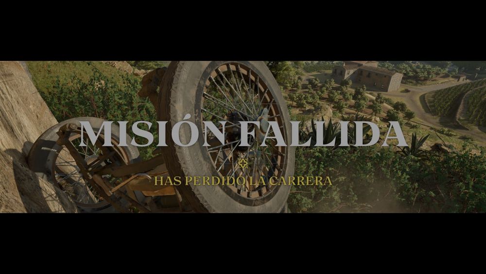 Cartel de: Misión fallida. Has perdido la carrera. Sobre la imagen del coche volcado cayendo por un barranco.