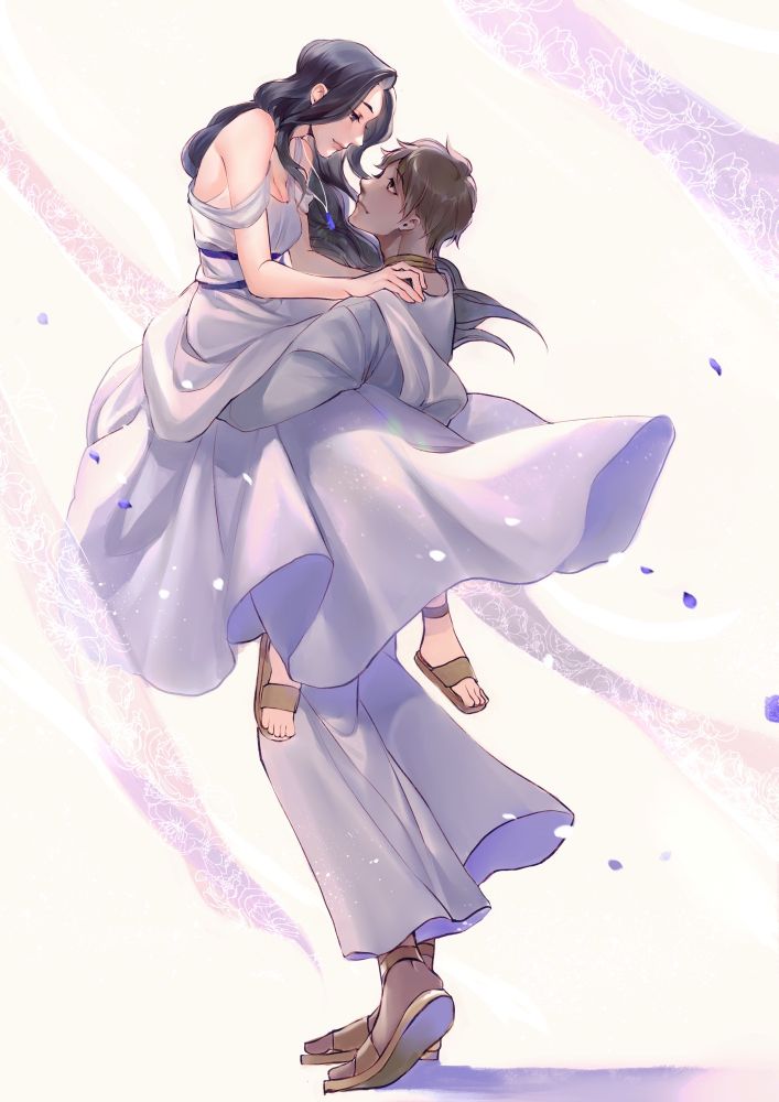 a full body, fully rendered piece of adrienne and ely smith from asld. adrienne is wearing a flowing white dress and wears a necklace with a sapphire pendant. ely is wearing white flowing pants and a white shirt. both are wearing greek-styled sandals. ely is holding her up so that her head is positioned above his and her legs are wrapped around his waist. they are looking into each other’s eyes with deep and loving expressions, both smiling. adrienne’s hands are on ely’s shoulders and her hair is blowing over her own on the opposite side of where the viewer would be