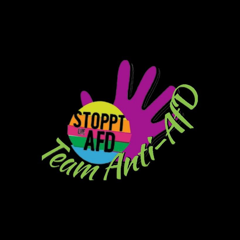 Lila Hand mit gelb,orange,pink, grün, blauem Kreis in dem steht "Stoppt die AfD und außen steht in grün Team Anti-AfD, das Vereinslogo
