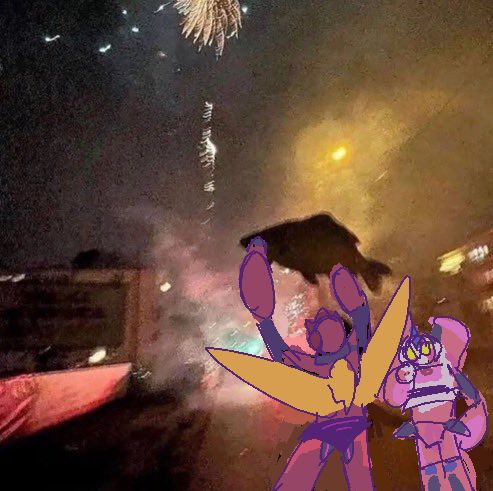 arcee and hot rod drawn over an image of some guy holding a fish up while fireworks go off.