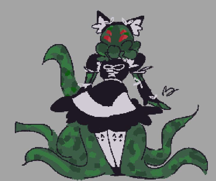 cthulhu in a catboy maid dress with tentacles splaying behind it.