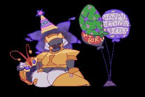 vertex sitting with zir knees splayed out infront of zir. theres a bug mechaniloid next to zir, which ze is petting. next to vertex are three balloons, red, green, and purple. the first has mostly illegible text with the exception of "FOR U" and the purple balloon says "HAPPY BIRTHDAY VERTEX" written on it