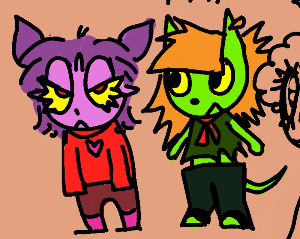 A drawing of two characters standing side by side, Right is Abu and Left is Alys, they are original characters created by me (@gooberthed) in a cartoon called “Last Soda on Earth” In the Anthology of the Killer artstyle