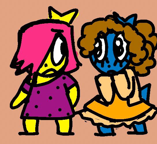 A drawing of two characters standing together. BB on the left and Recital on the right. BB is in a purple polka dot dress with its left sleeve off her shoulder. Recital is looking at her intensely.