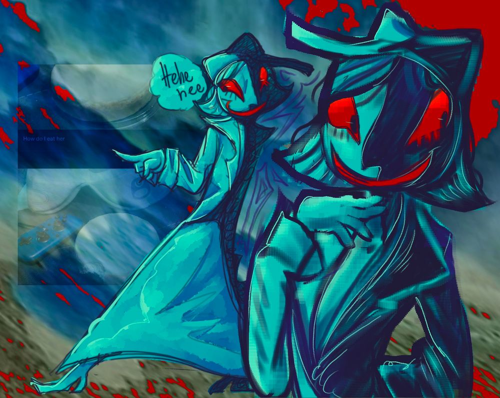 A drawing of @withkindereye’s oc Sasha Sasher. She is a teal humanoid with a blacked out right side of her body. She has blood red scleras and a red smile to match. She’s wearing a long skirt, with a notched lapel jacket, and a hat with a long brim. Her right most figure has her drawn to her upper half, she had her arm on her chest/neck and is looking off screen to the  right. Her left most figure is a drawing of her full body, she’s pointing, looking to the left and a speech bubble that says “Hehe Hee”. The background is a distorted mess of a picture.