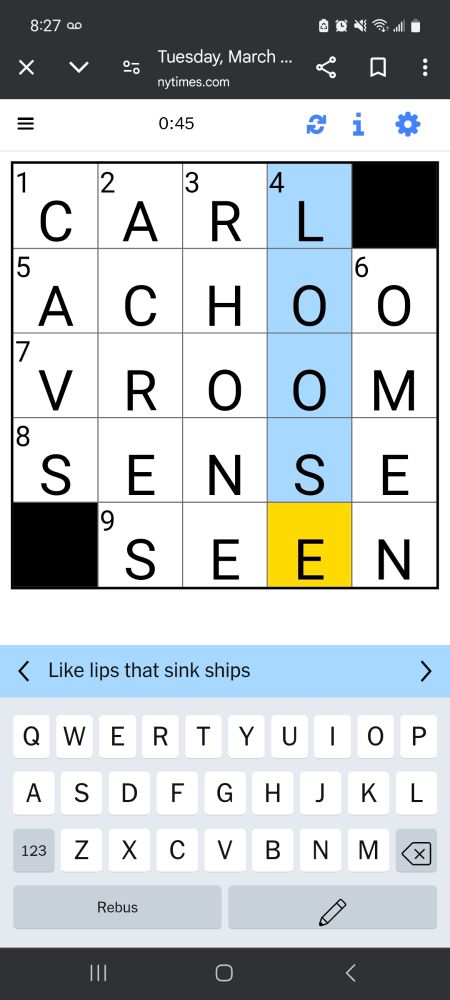 A screenshot of the NYT mini crossword puzzle, highlighting the clue "Like lips that sink ships," and the answer "loose."
