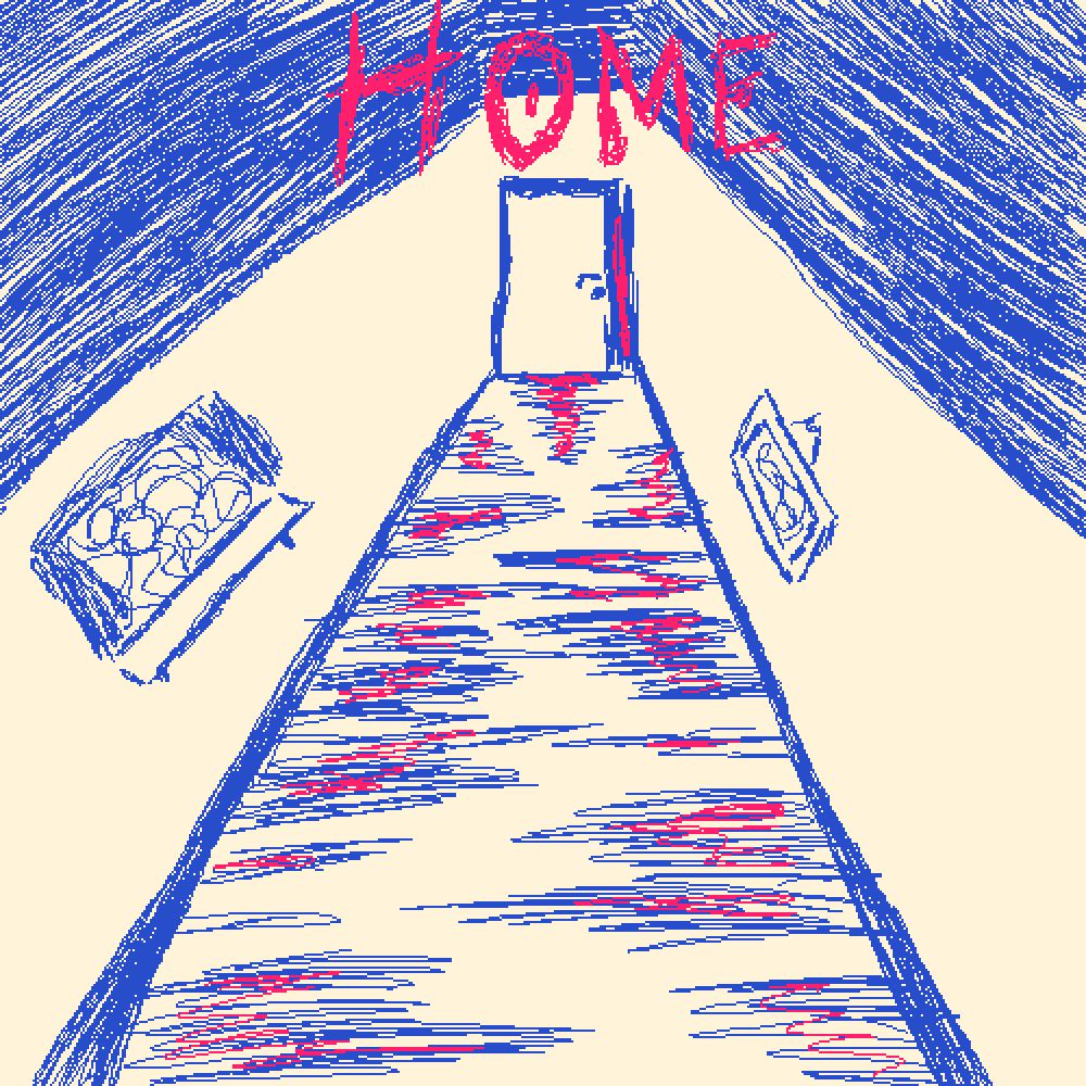 The first Panel is of long hallway with a door at its end.