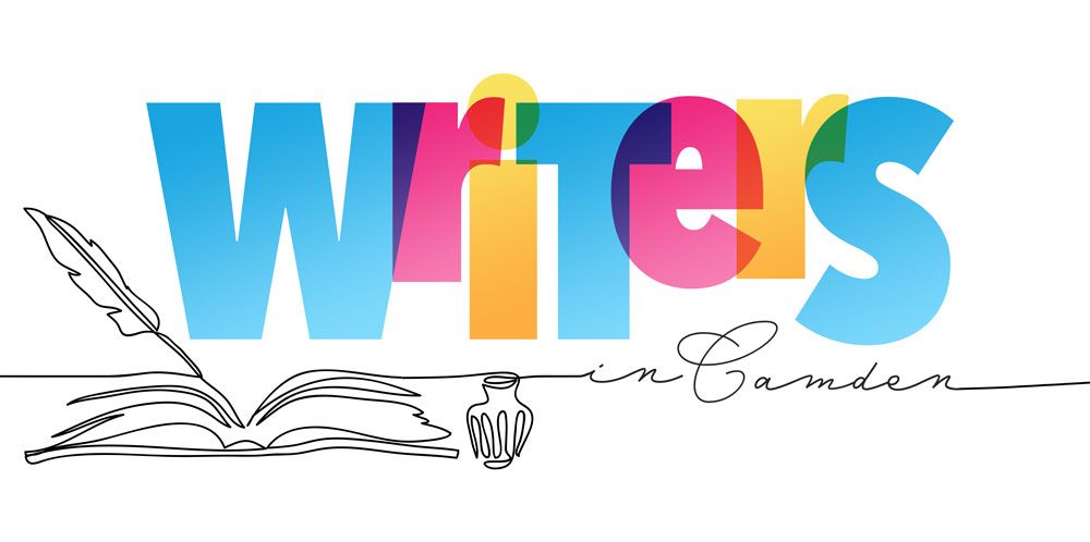 Text "Writers in Camden" with a book, quill and ink well.