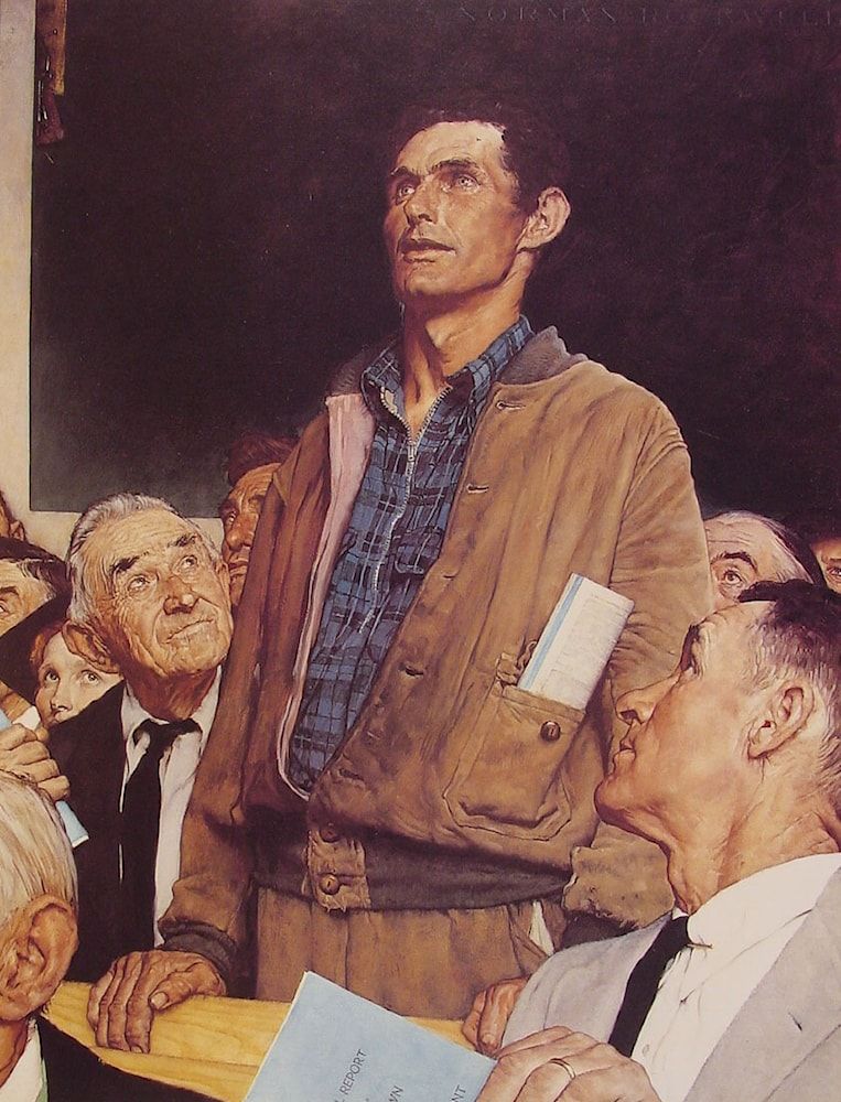 "Freedom of Speech" by Norman Rockwell. In common online parlance this image has come to represent an unpopular opinion that the writer believes is true.