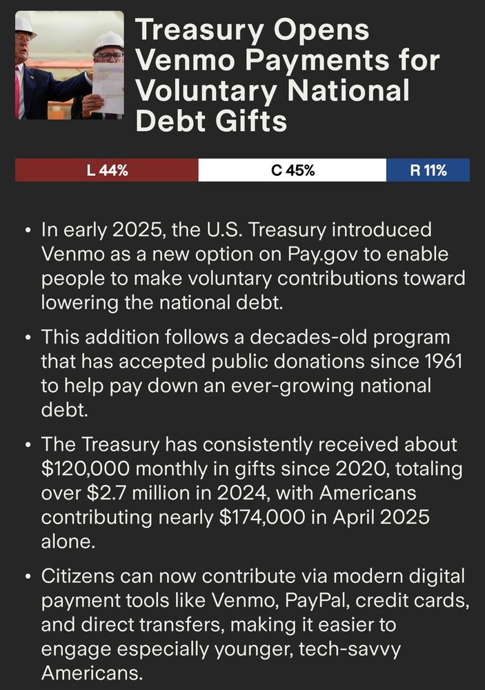 Screenshot of a news story about the government enabling Americans to make voluntary contributions to help pay down the national debt. This program has existed for decades but is only now being digitised with the likes of Venmo, PayPal, etc.
