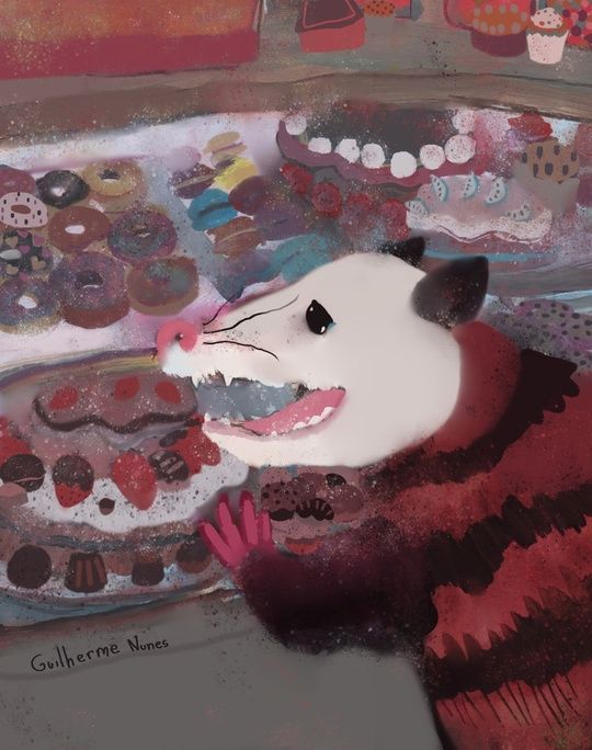 painting of a possum desperately looking at a shop window full of sweets