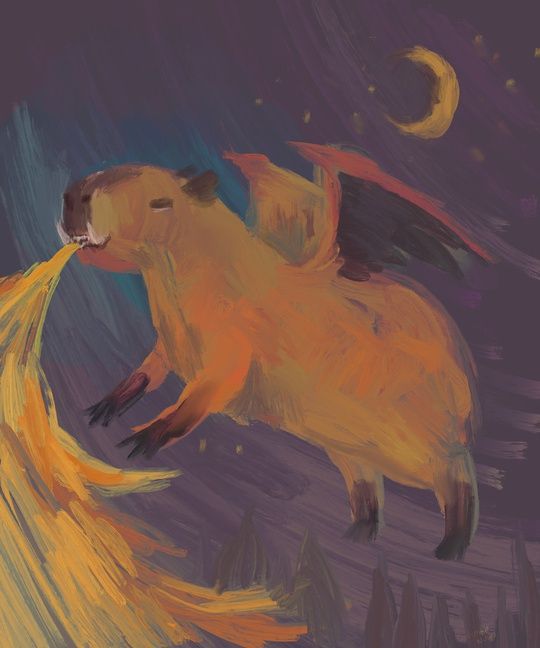 painting of a winged capybara blasting fire