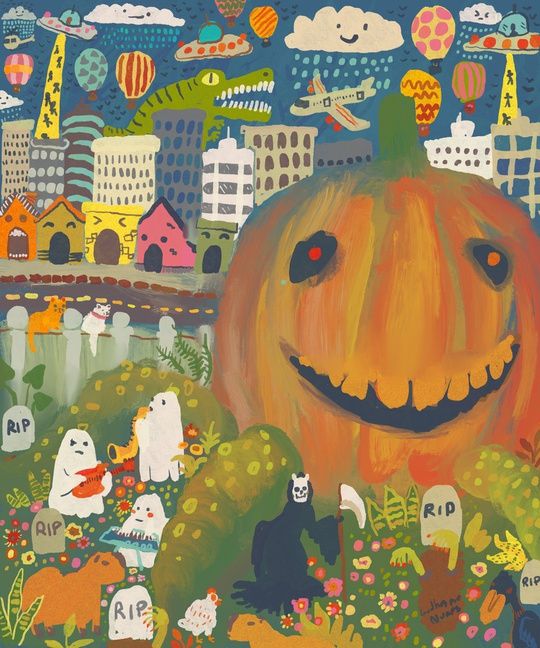 super chaotic and detailed painting of a giant humanoid pumpkin in the middle of the city surrounded by supernatural beings celebrating