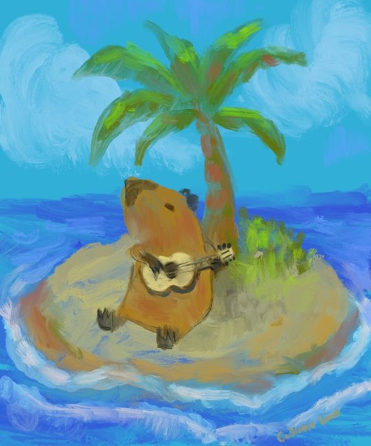 painting of a capybara playing ukelele on a micro island with a single one palm tree