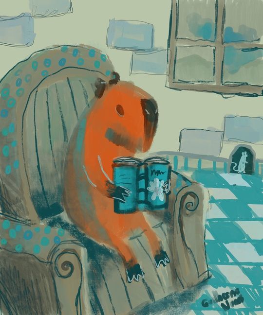 painting of a capybara reading a book sitting in an armchair, on the wall there is a window and a hole where a mouse makes its home