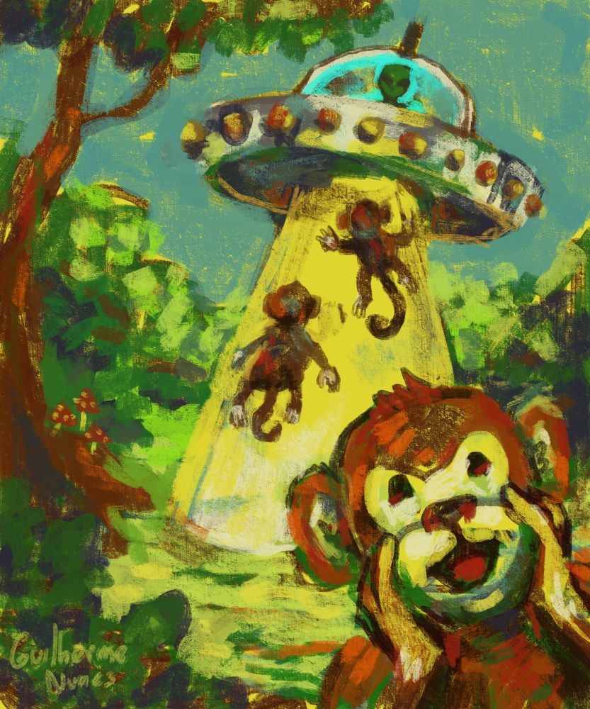 The painting has a monkey in front with its hands on its chin, looking impressed, and in the background, two monkeys are being abducted by a beam from a UFO.