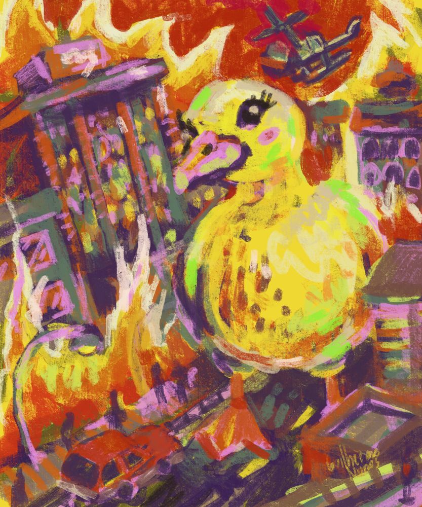 painting of a giant duckling in the middle of an avenue with buildings on fire and people running with a helicopter flying in the sky