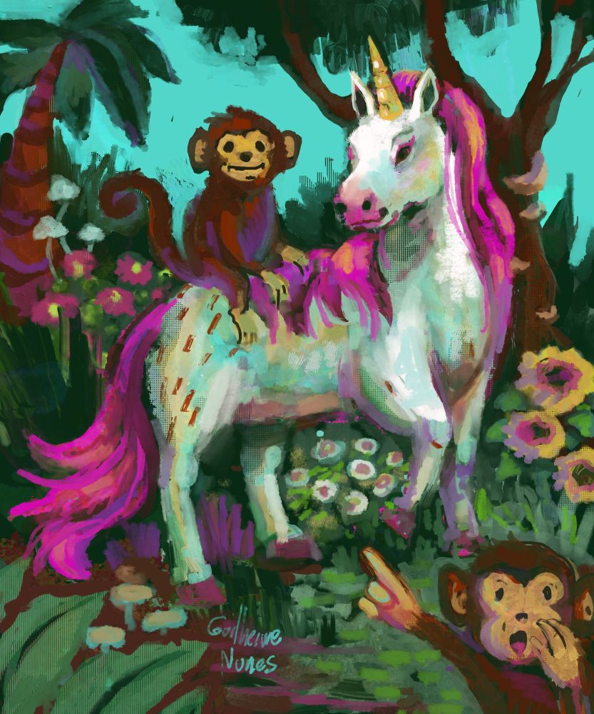 painting, in a forest full of flowers and mushrooms, a monkey is riding a majestic unicorn and another is like, “look, a unicorn!”