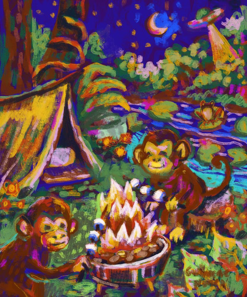 super chaotic painting, two monkeys roasting marshmallows over the fire, in the background a camping cabin, a snake in the tree, frogs on the water lily and a spaceship shooting a beam far away after the river
